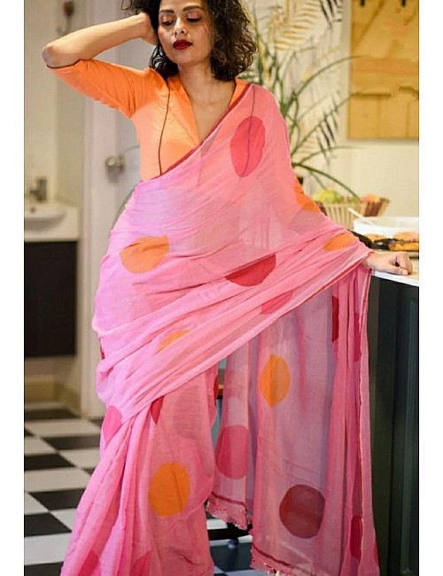Baby pink cotton chanderi original digital printed work saree