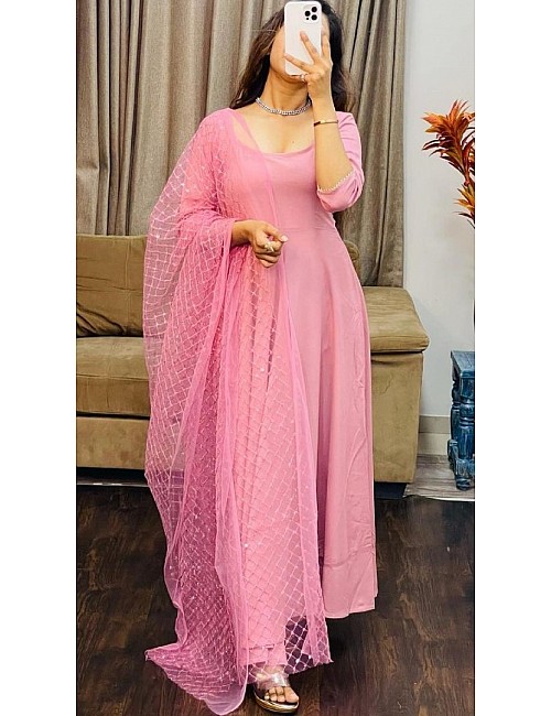 Baby pink finlon silk full stitching work party wear long gown 