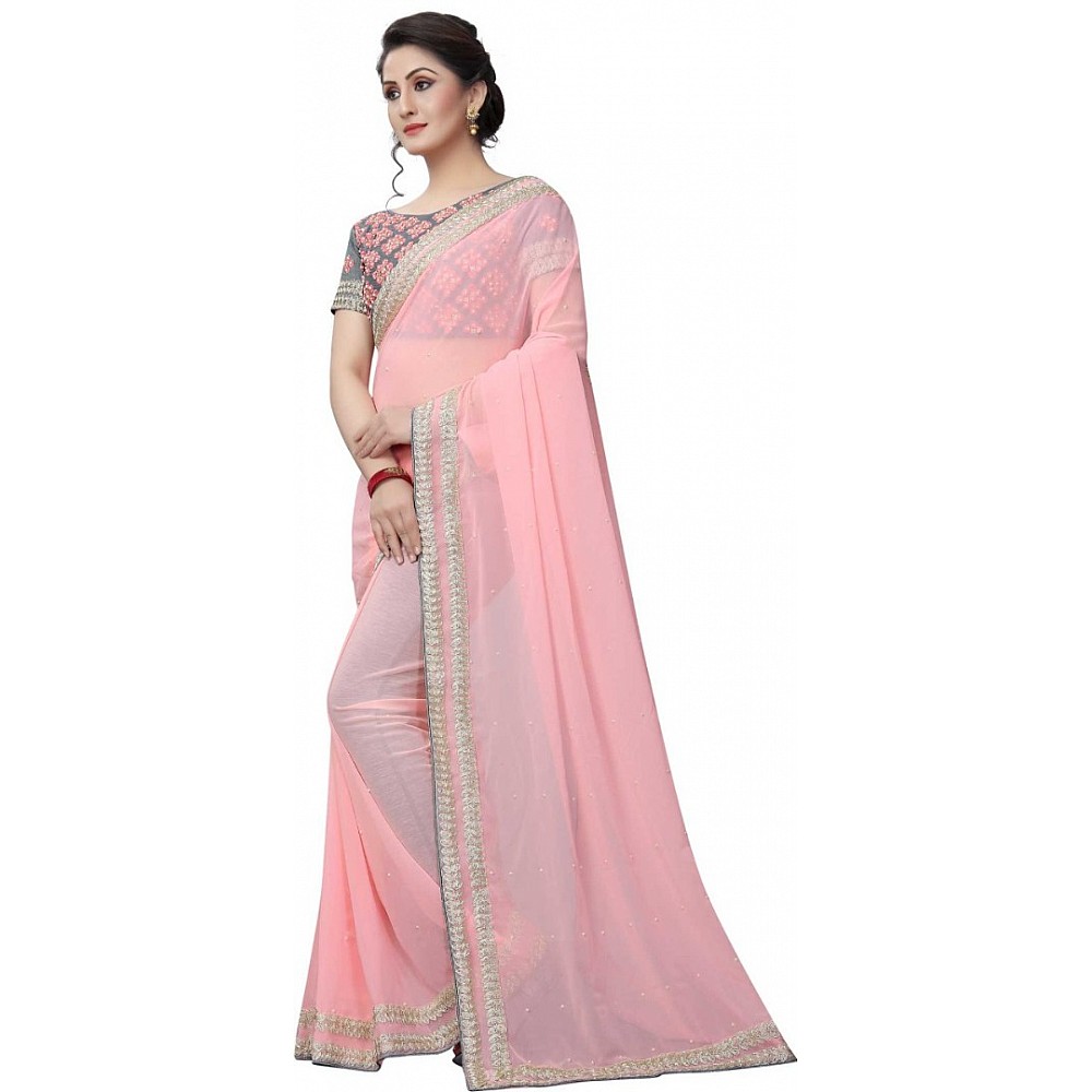 Baby pink georgette embroidered and stone work casualwear saree