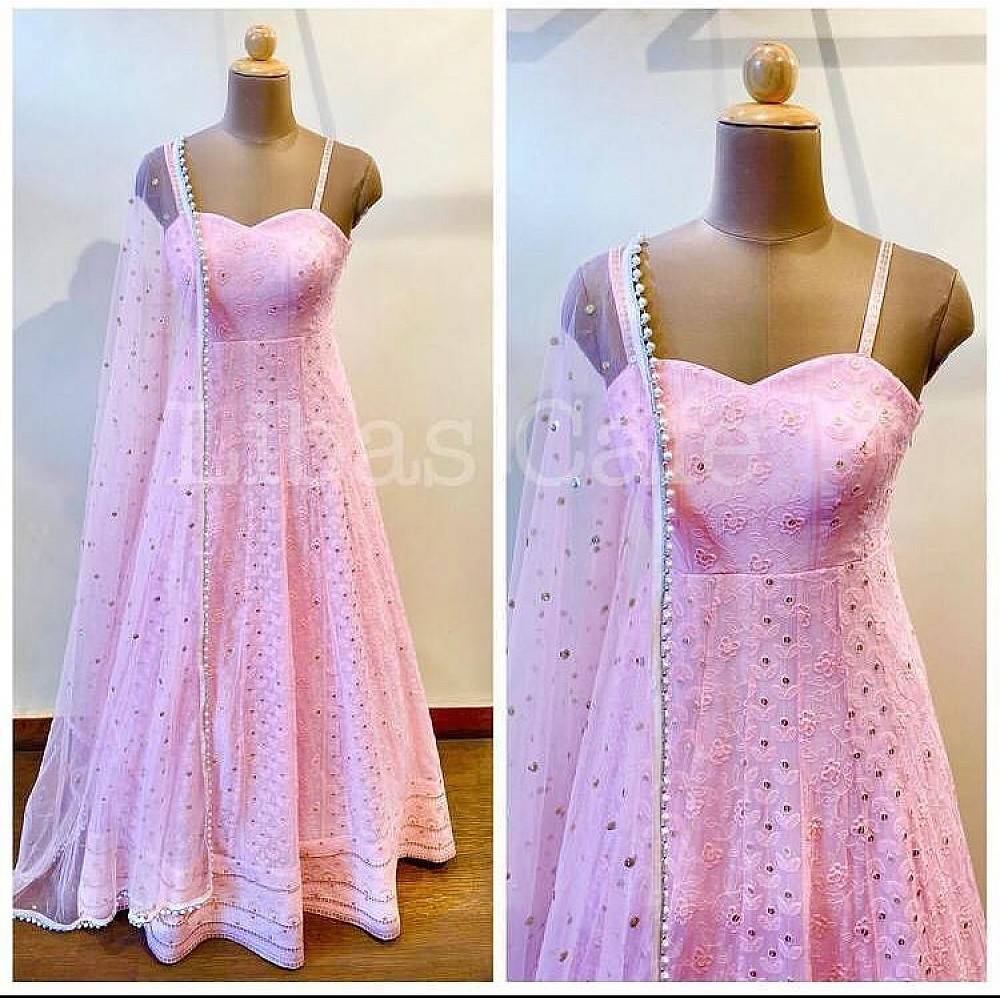 Baby pink georgette embroidered gown