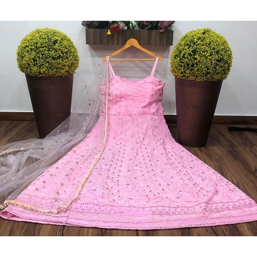 Baby pink georgette embroidered gown