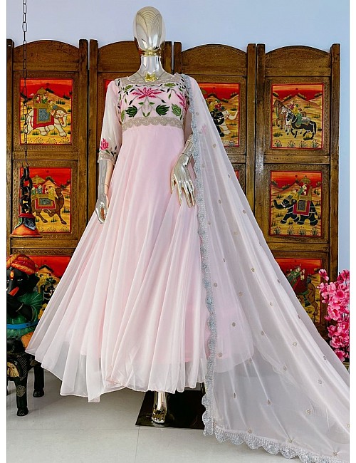 Baby pink georgette embroidered long gown