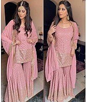Baby pink georgette embroidered sequence work kurti with plazzo