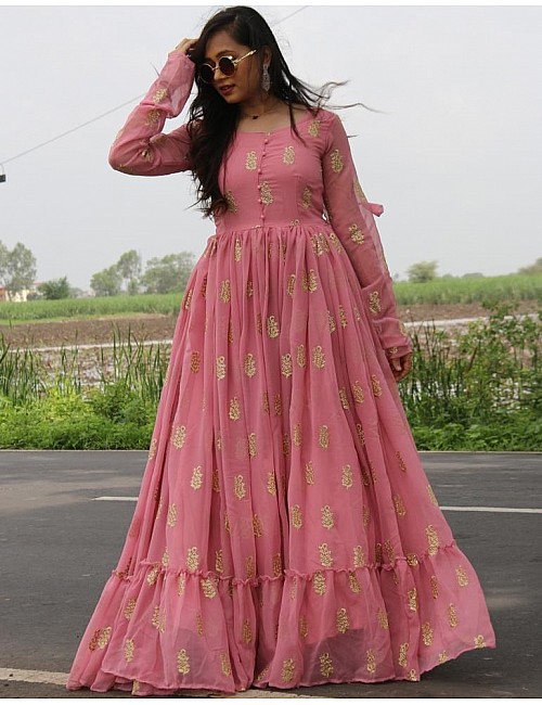 Baby pink georgette embroidery work party wear ruffle gown