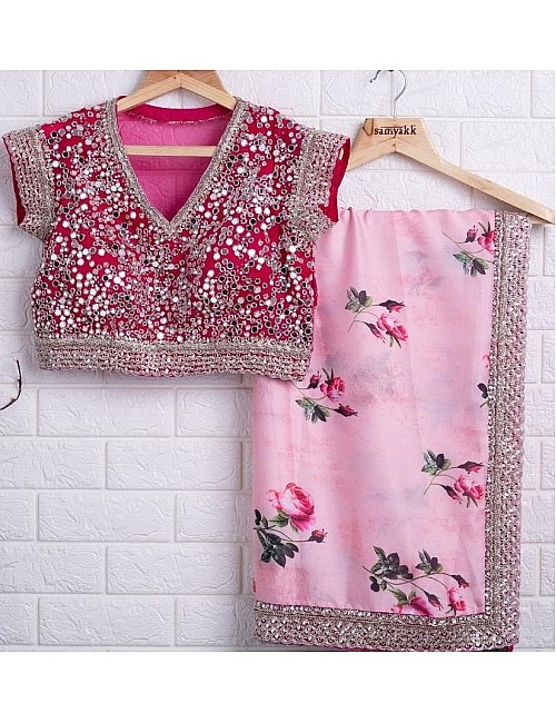 Baby pink georgette printed with cording rear mirror work saree