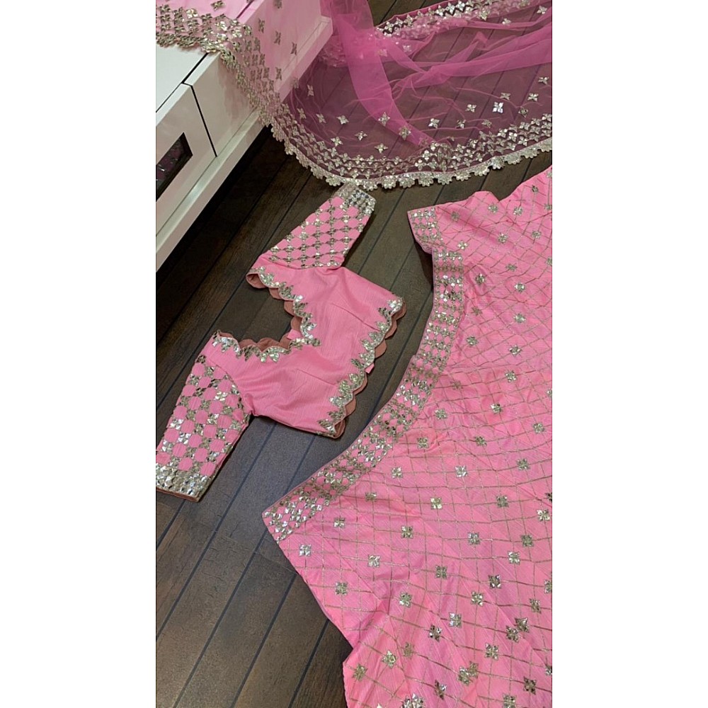 Baby pink mulberry silk paper mirror work wedding lehenga choli