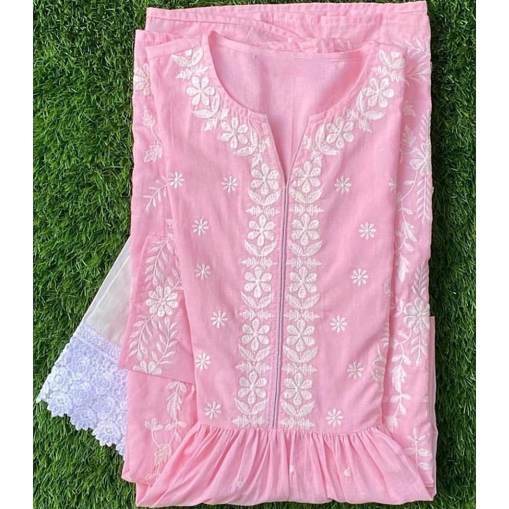 Baby pink muslin cotton embroidered with moti work plazzo suit