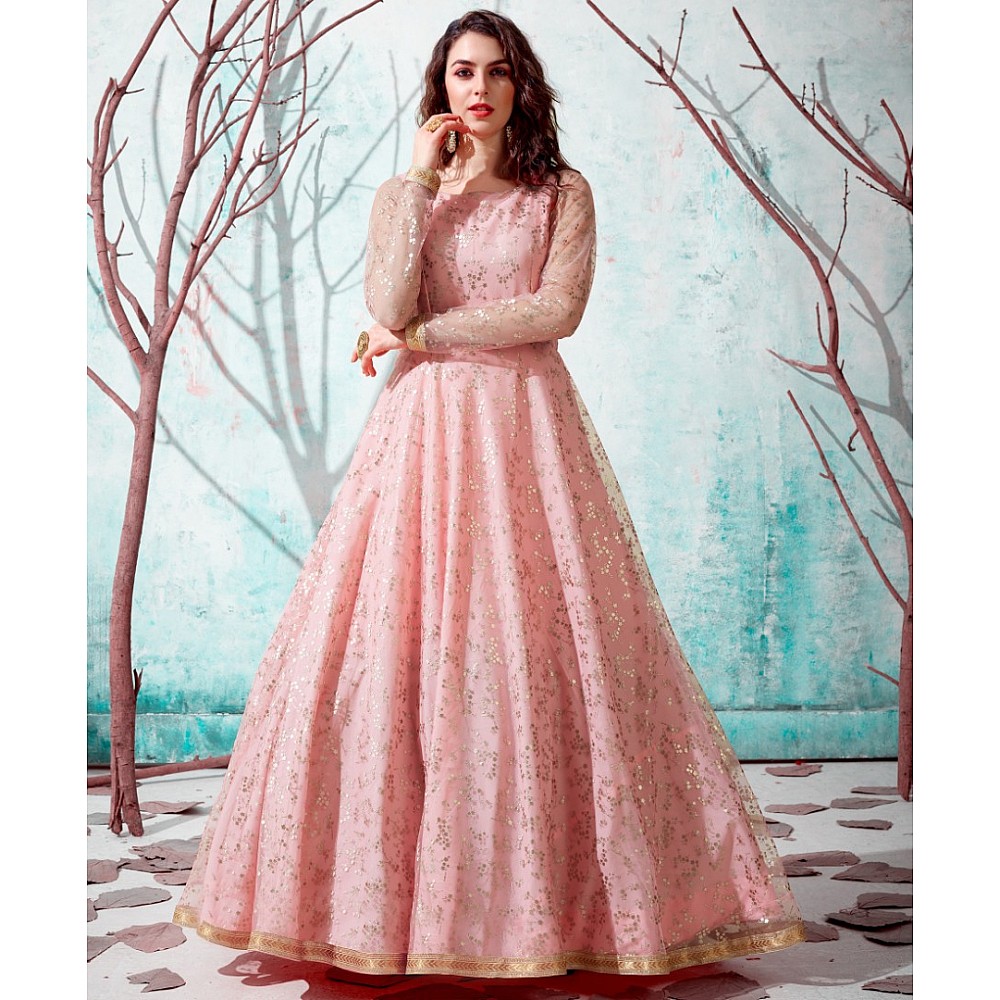 Buy Wedding Wear Light Pink Coading Work Net Gown With Dupatta Online From  Surat Wholesale Shop.