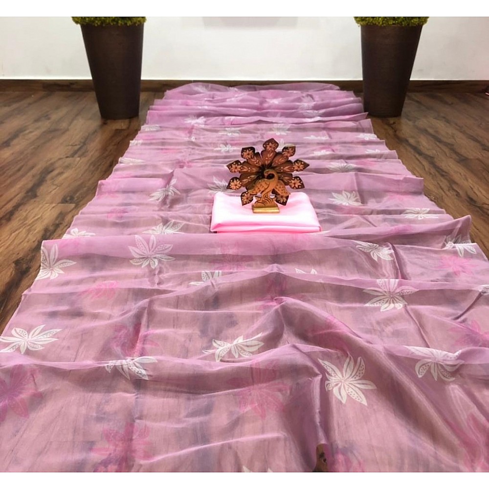 Baby pink organza digital flower printed saree