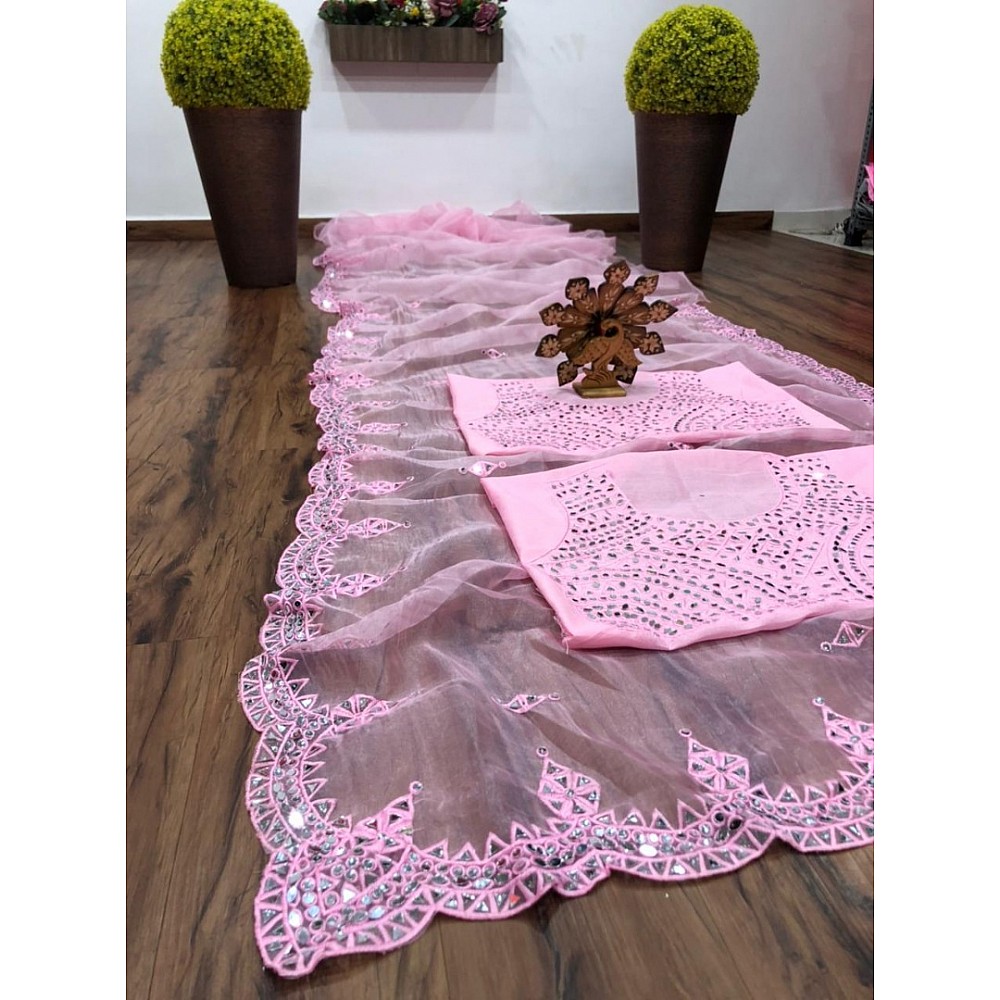 Baby pink organza real mirror work saree