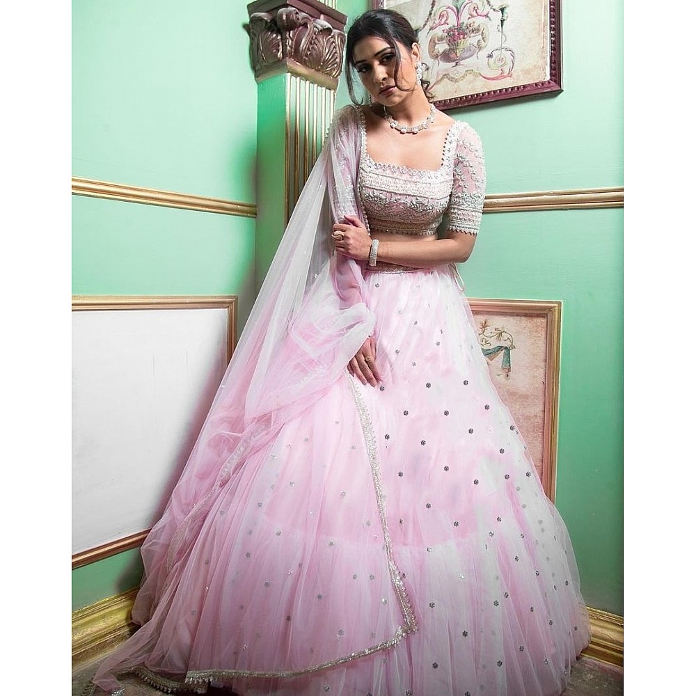 Baby pink soft net sequence embroidered ceremonial lehenga choli