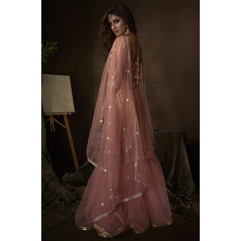 Baby pink soft net sequence thread work sharara salwar suit