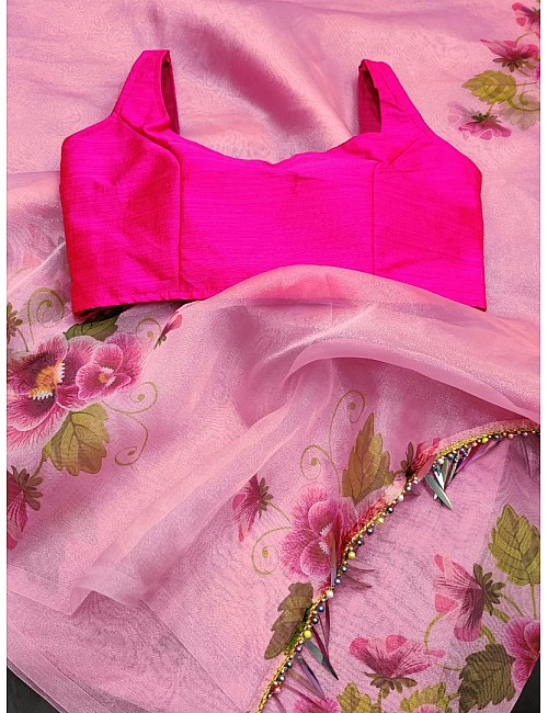 Baby pink soft organza fancy jhalar and printed work saree