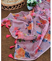 Baby pink soft organza silk floral printed work saree