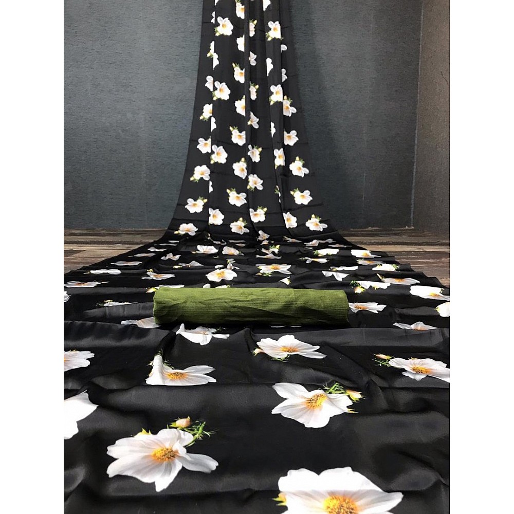 Balck  japan satin digital printed work party wear saree