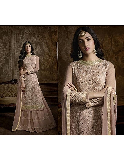Beige faux georgette sequence embroidered work plazzo suit