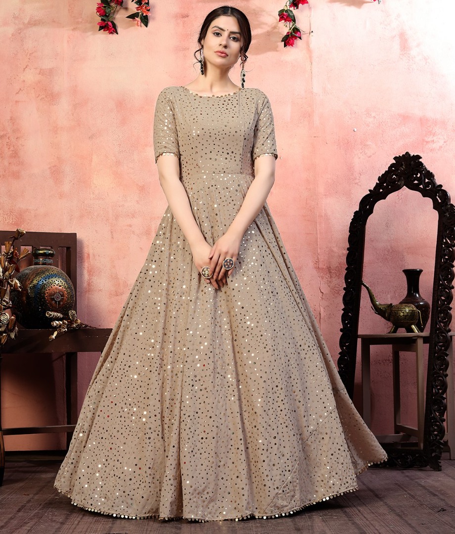 Gown : Beige georgette golden sequence work party wear gown ...