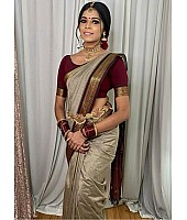 Beige kanchipuram silk jacquard weaving work wedding saree