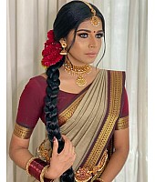 Beige kanchipuram silk jacquard weaving work wedding saree