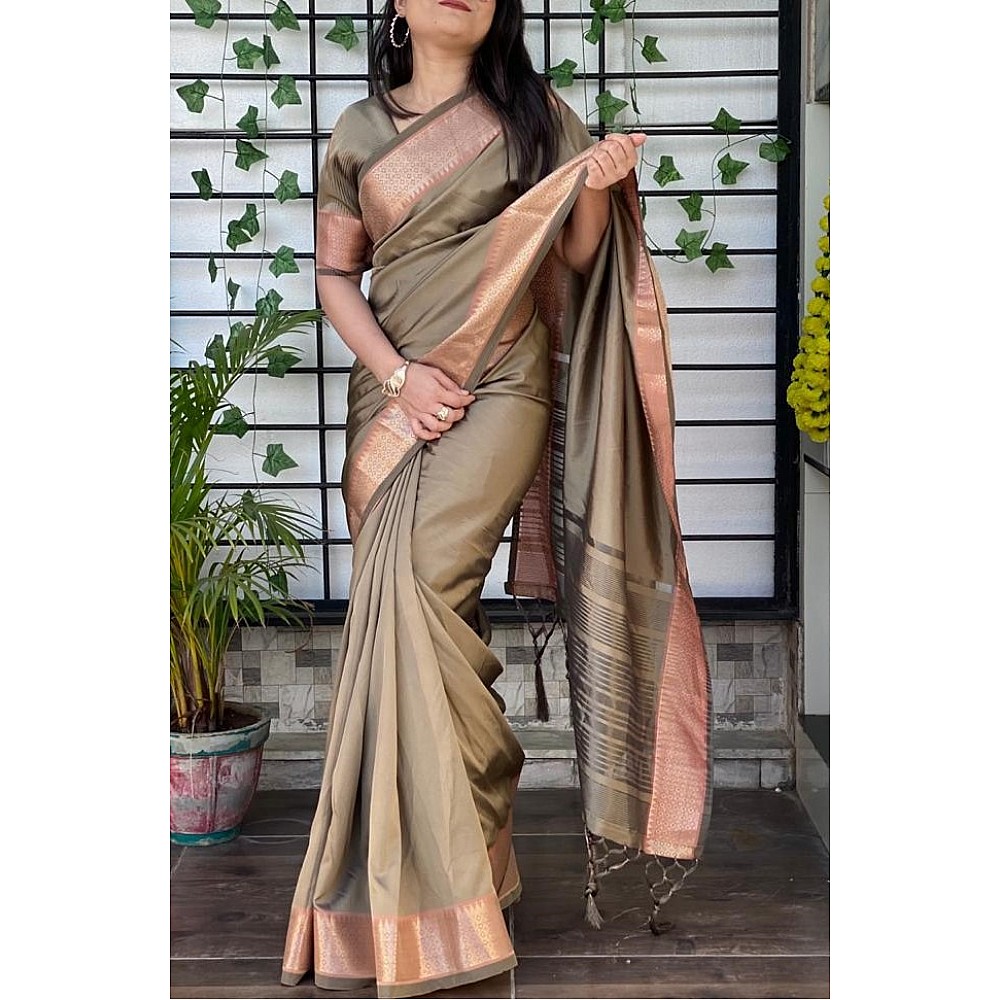 Beige kanjivaram silk jacquard weaving work saree