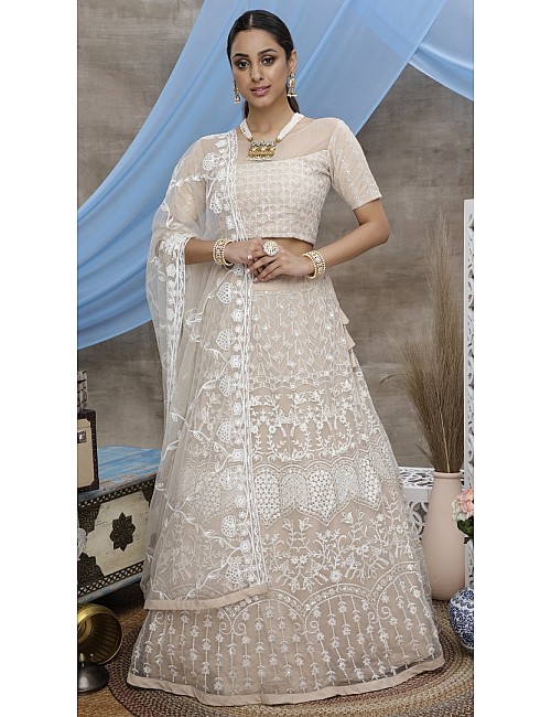 Beige net sequence embroidered party wear lehenga choli