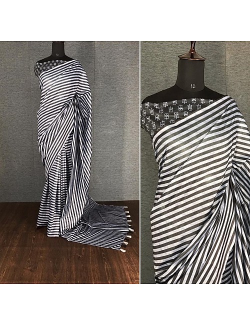 Black and white italian finished cotton silk digital printed work saree