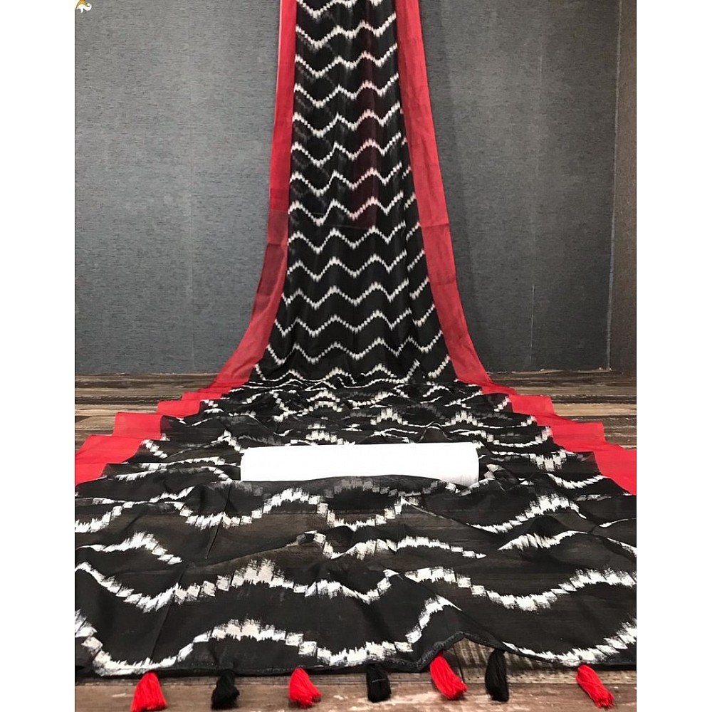Black chanderi linen digital printed cotton tussles work saree