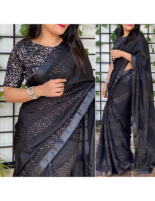 Black chinon silk sequence and thread work party wear saree