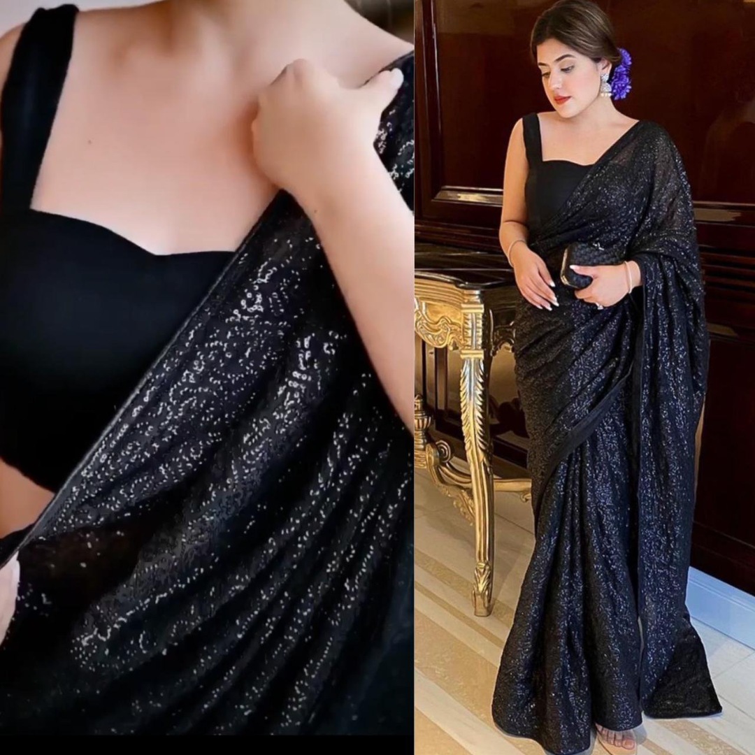 Saree : Black georgette all over sequence work saree