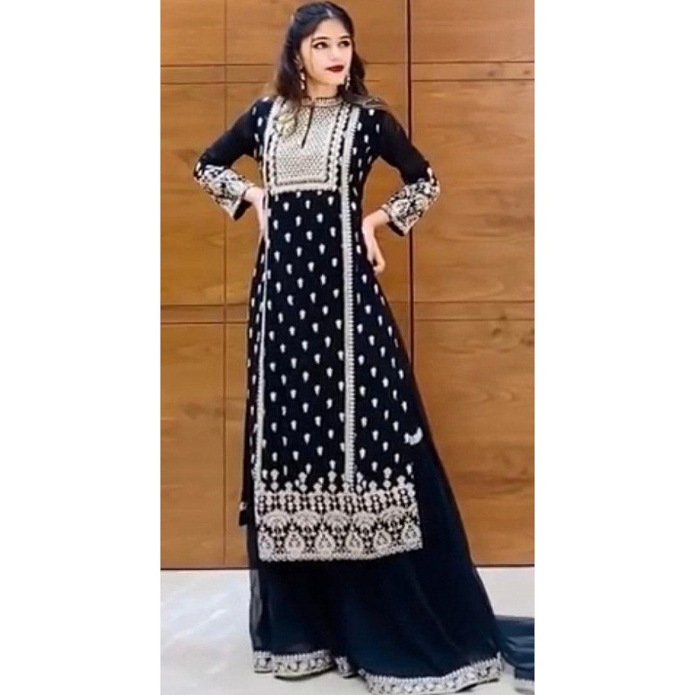 Black georgette embroidered work flared sharara plazzo suit