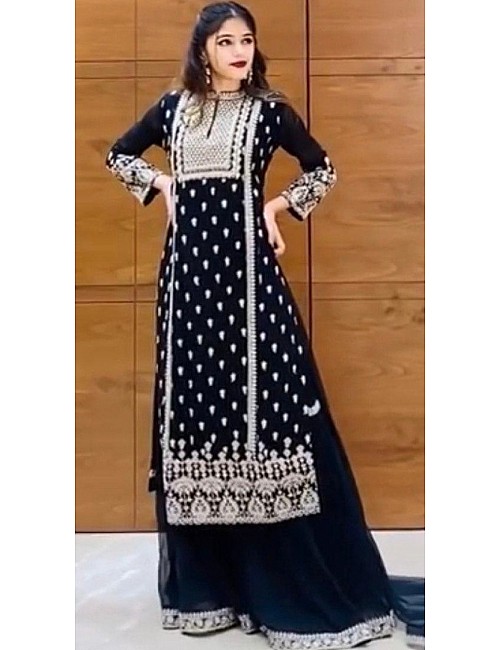 Black georgette embroidered work flared sharara plazzo suit 