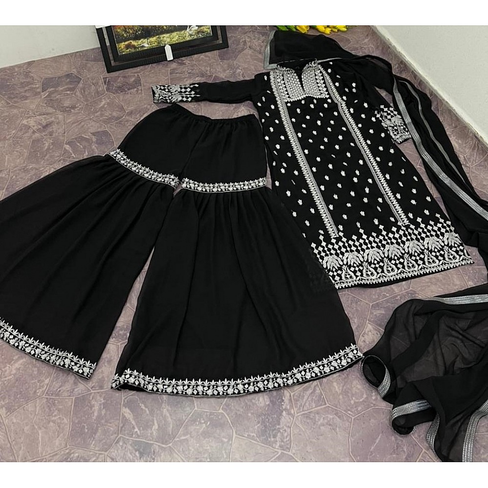 Black georgette embroidered work flared sharara plazzo suit