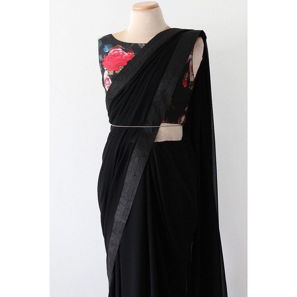 Black georgette plain partywear saree with printed blouse