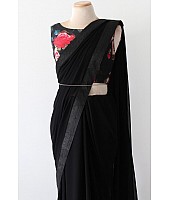 Black georgette plain partywear saree with printed blouse