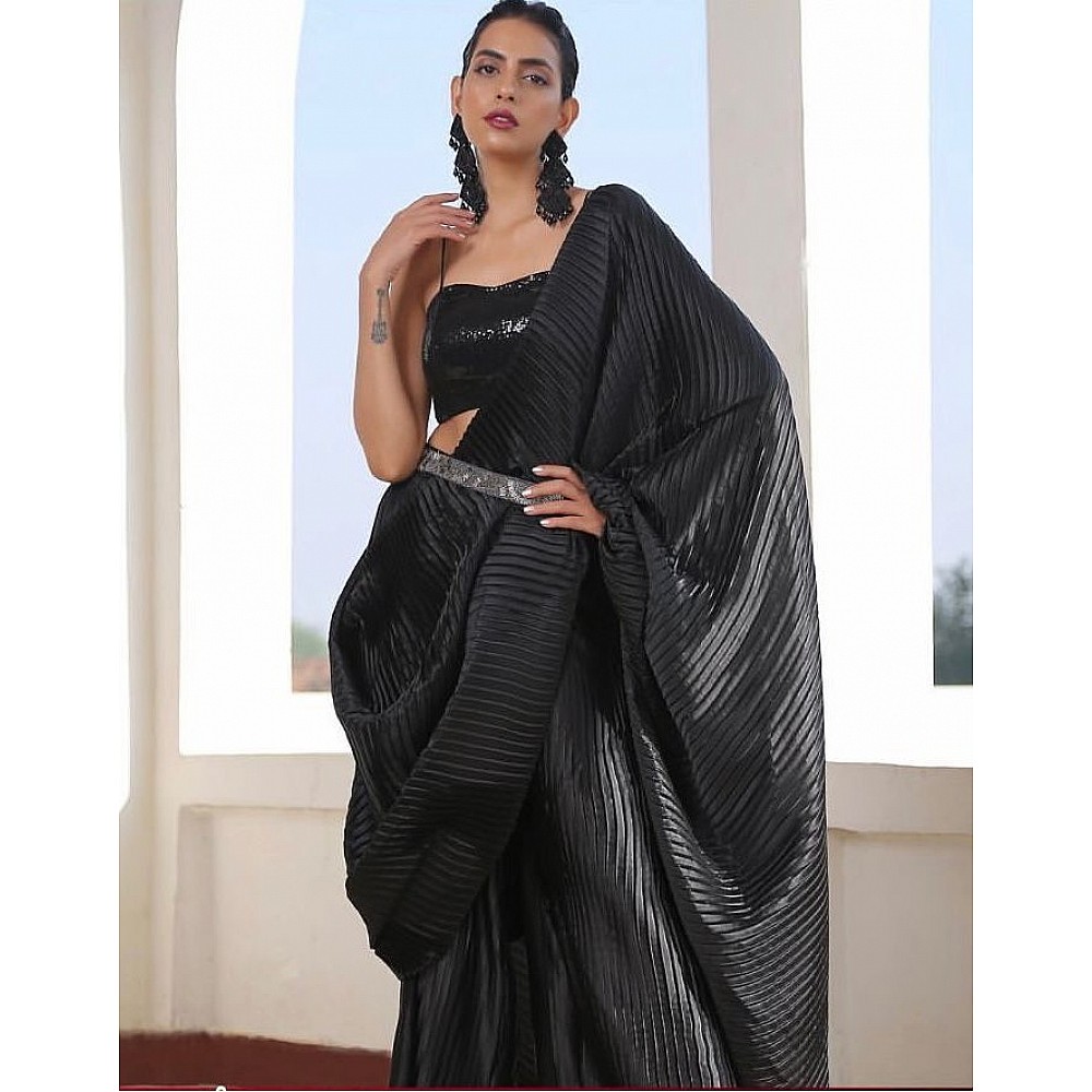 Black georgette pleated partywear saree