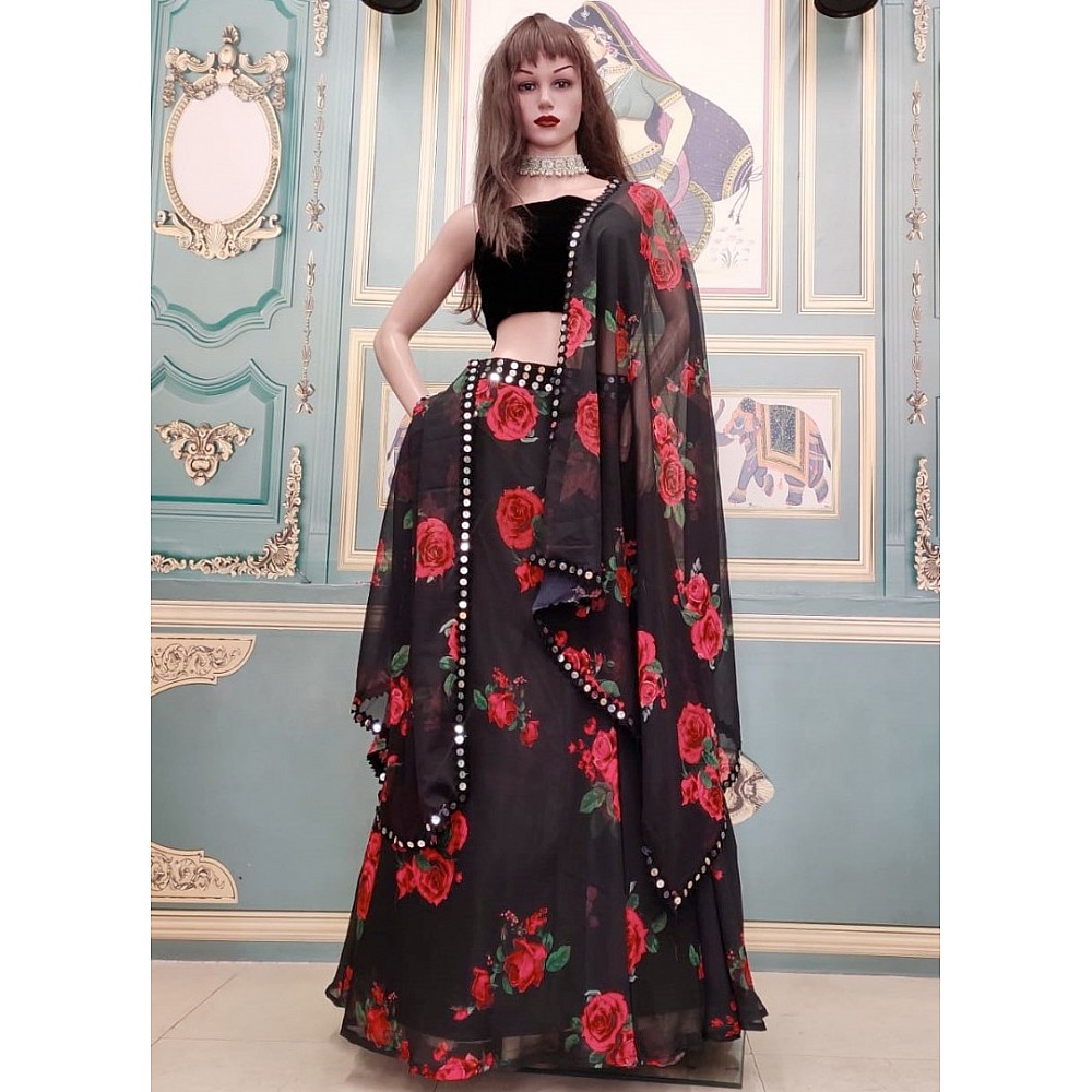 Black georgette red rose digital printed partywear lehenga