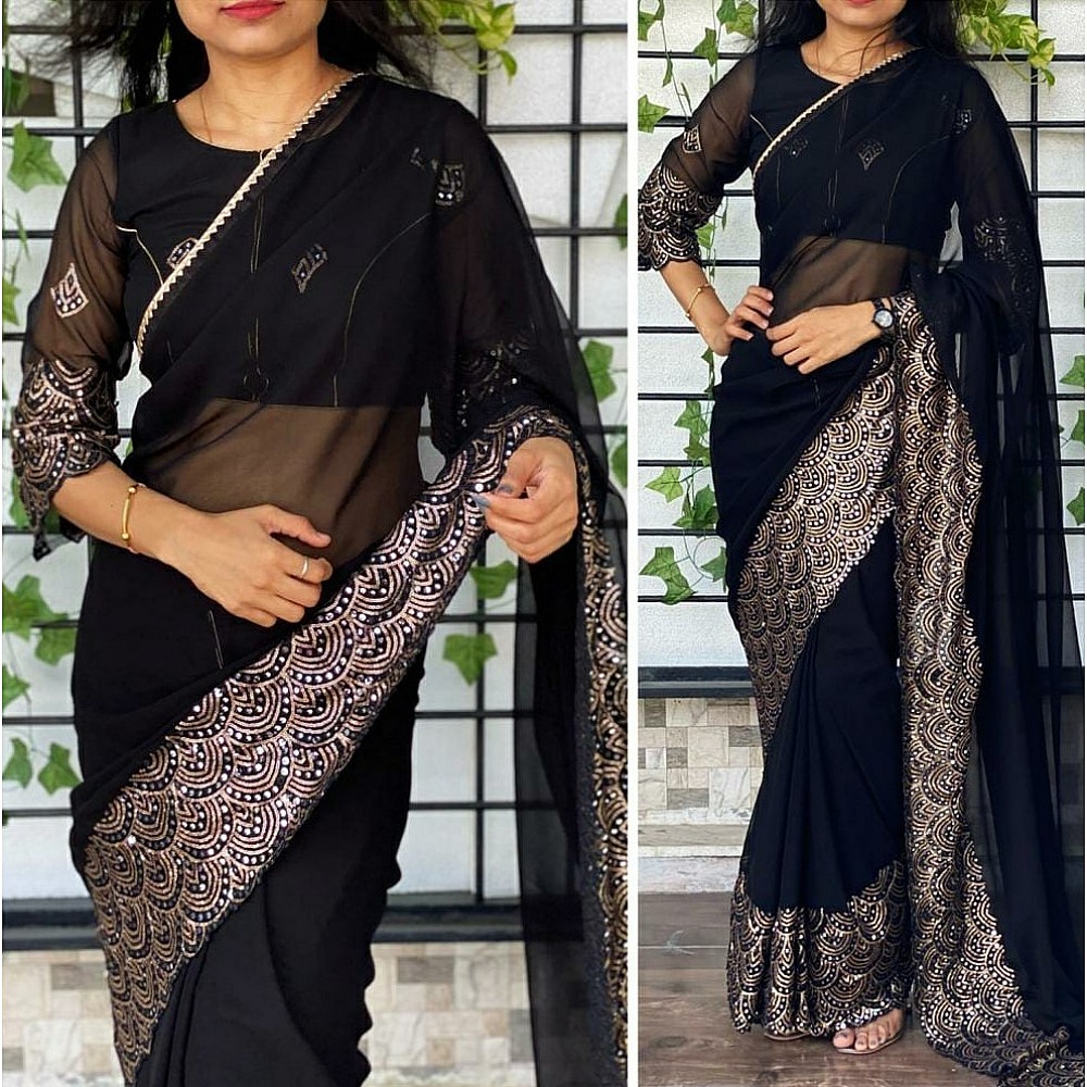 Black georgette sequence embroidered work party wear saree