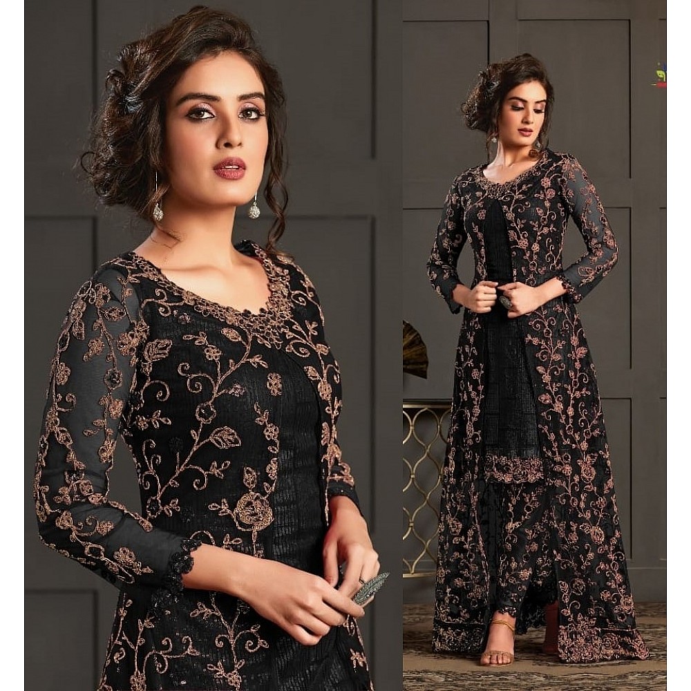 Black heavy butterfly net with embroidered work salwar suit with koti