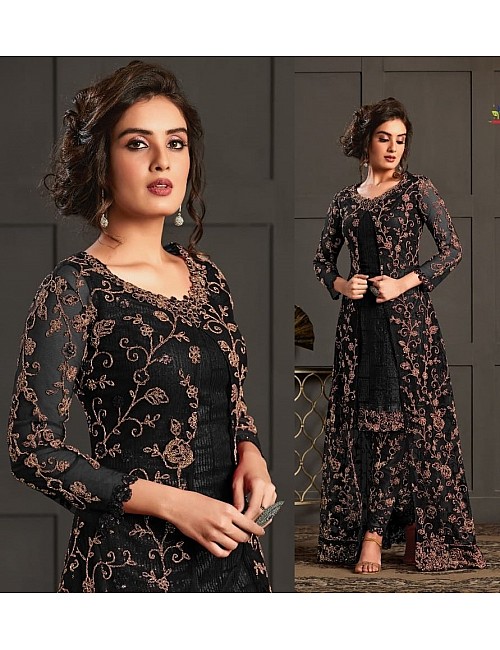 Black heavy butterfly net with embroidered work salwar suit with koti