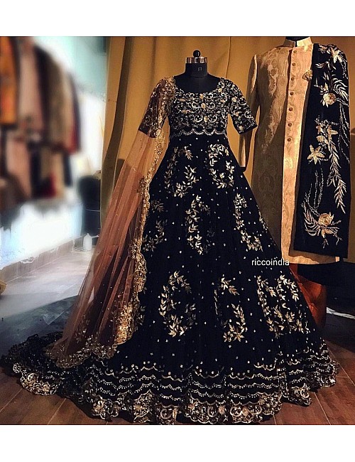 Black heavy georgette embroidered work ceremonial wear gown