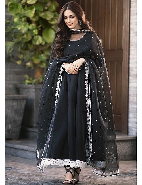 Black heavy georgette lace work  gown with designer dupatta