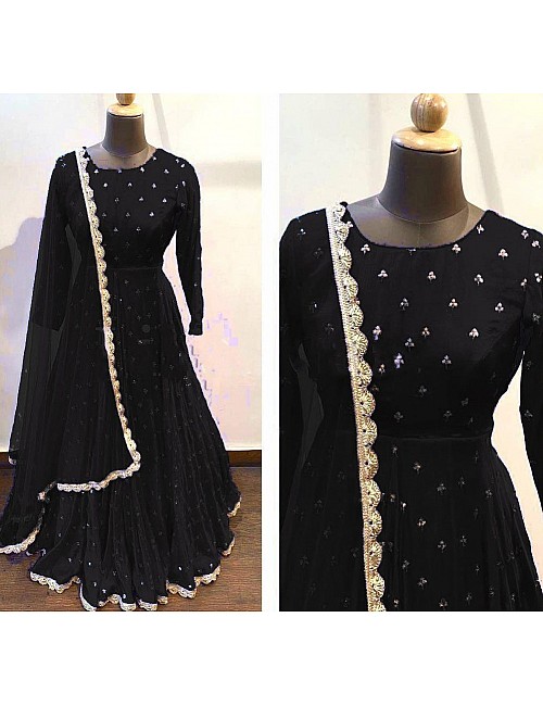 Black heavy georgette with embroidered work party wear gown
