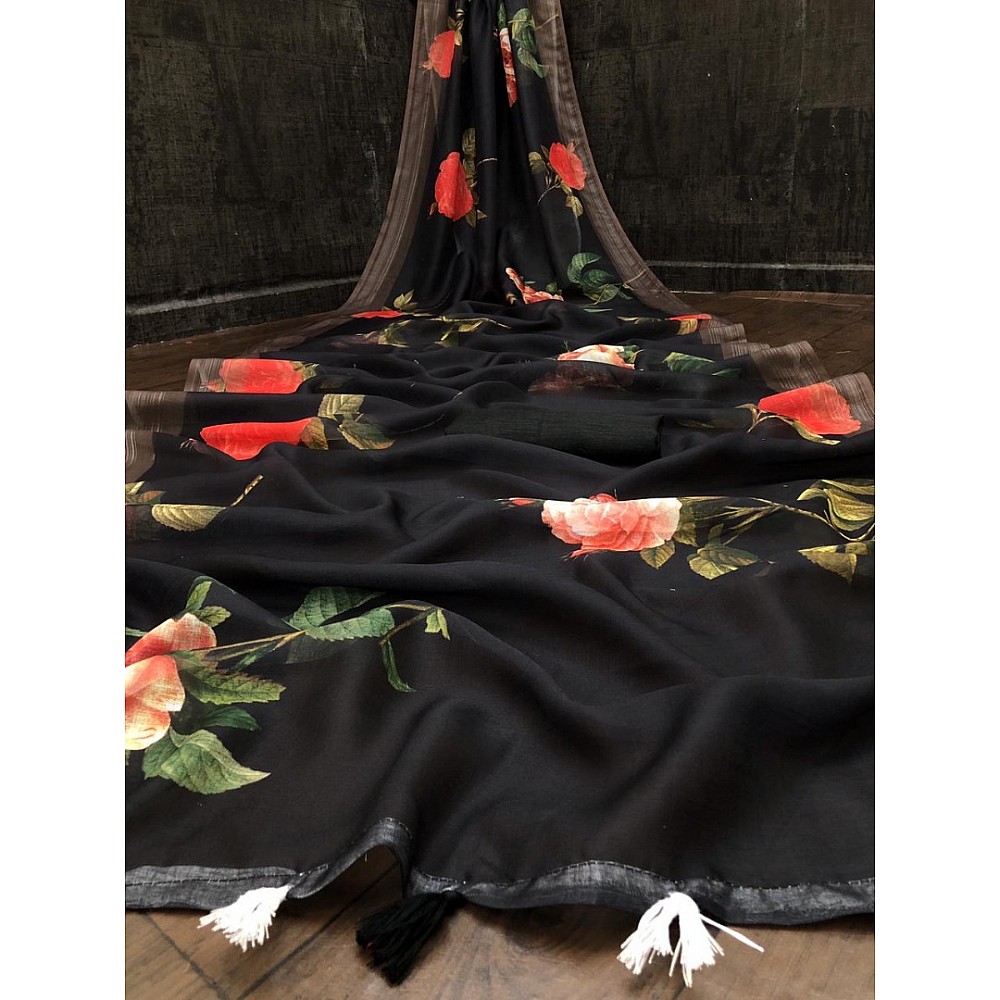 Black heavy linen silk digital flower printed work saree