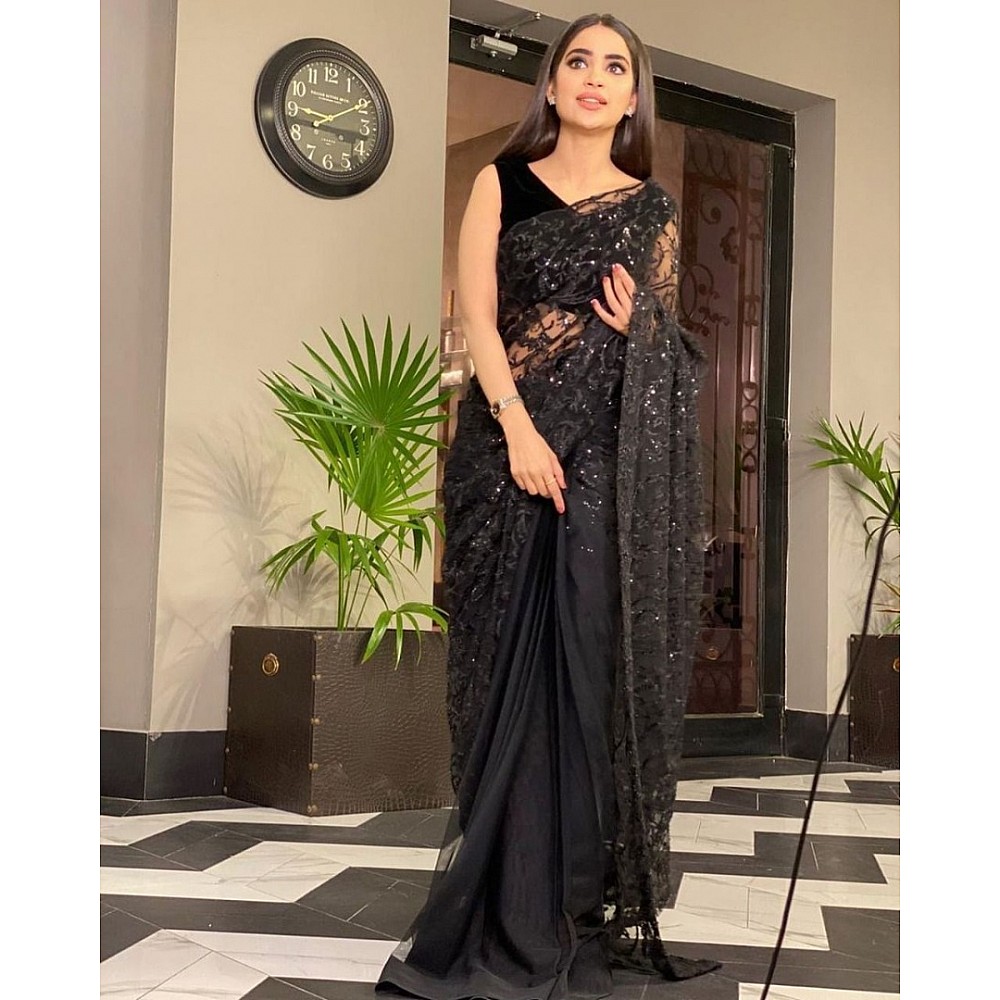 Black heavy net sequence and thread work partywear saree