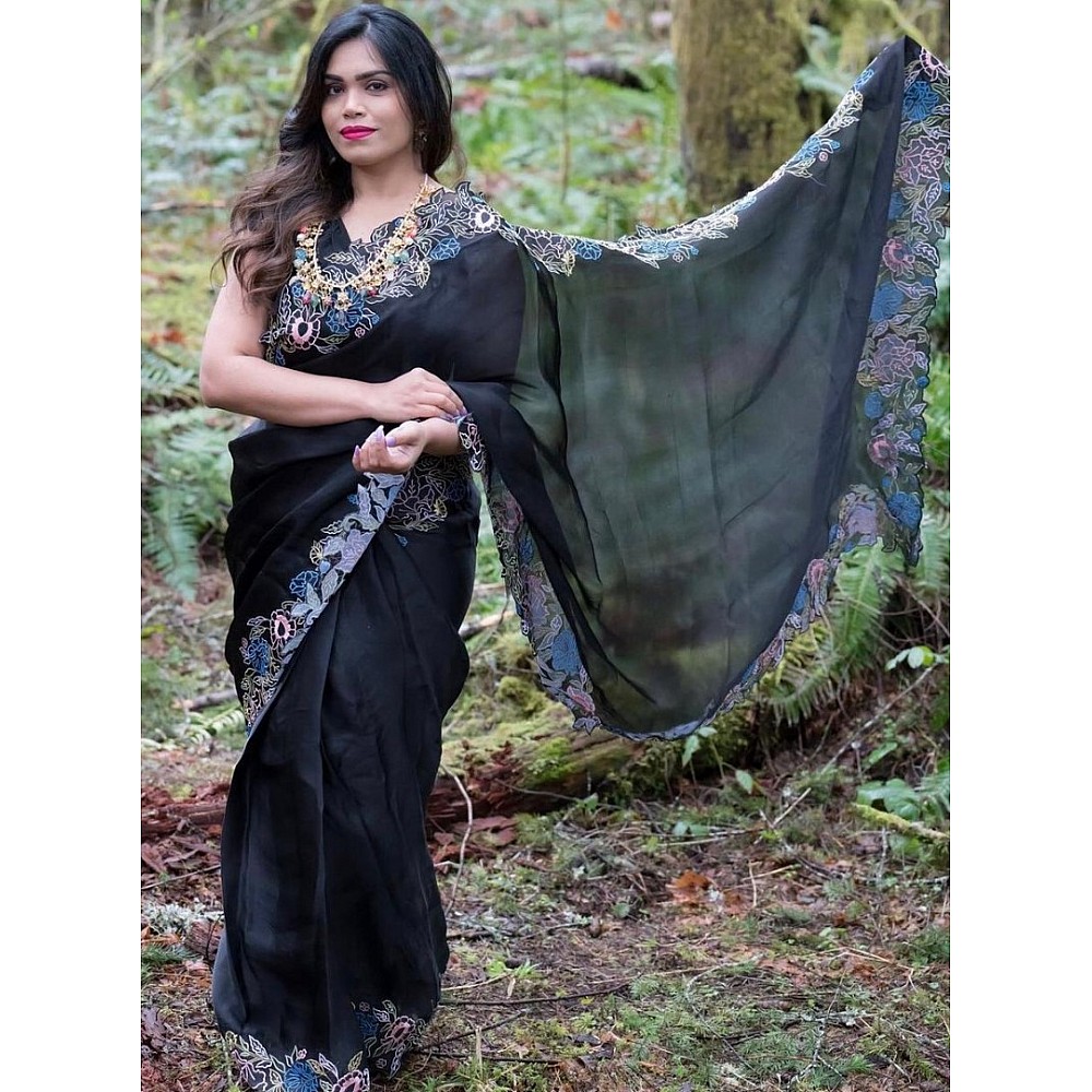 Black heavy organza silk embroidered border work party wear saree