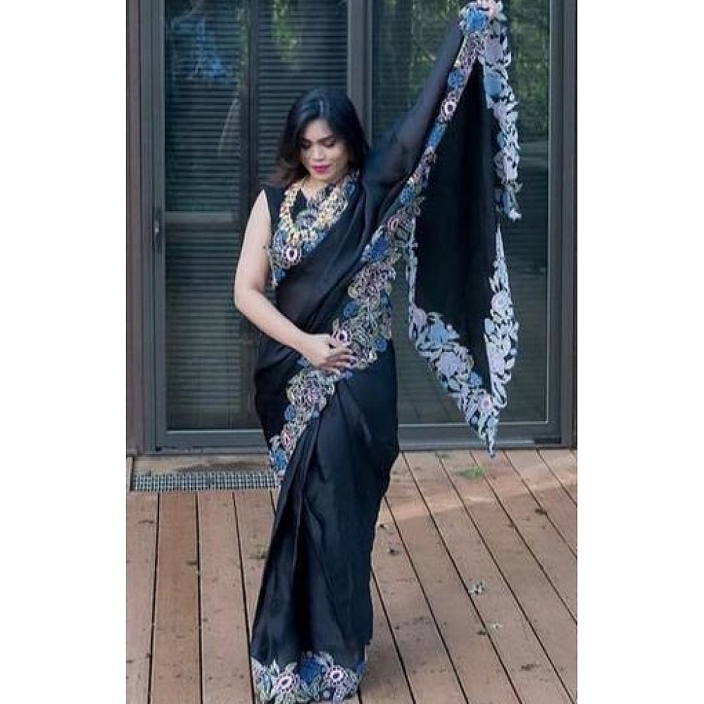 Black heavy organza silk embroidered border work party wear saree