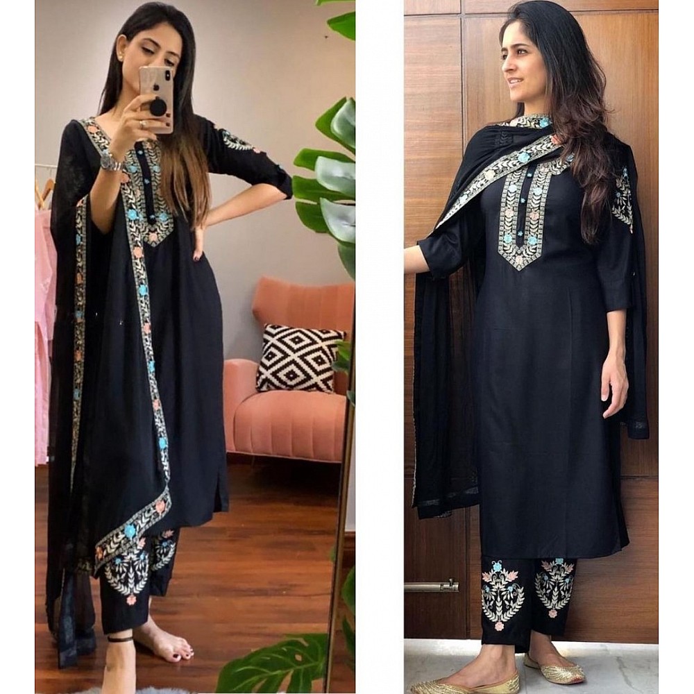 Black heavy rayon patch work party wear salwar suit with embroidered dupatta