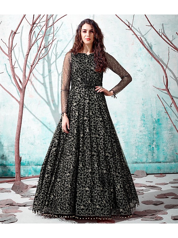 Buy Party Wear Black Georgette Embroidery Work Gown Online From Surat  Wholesale Shop.