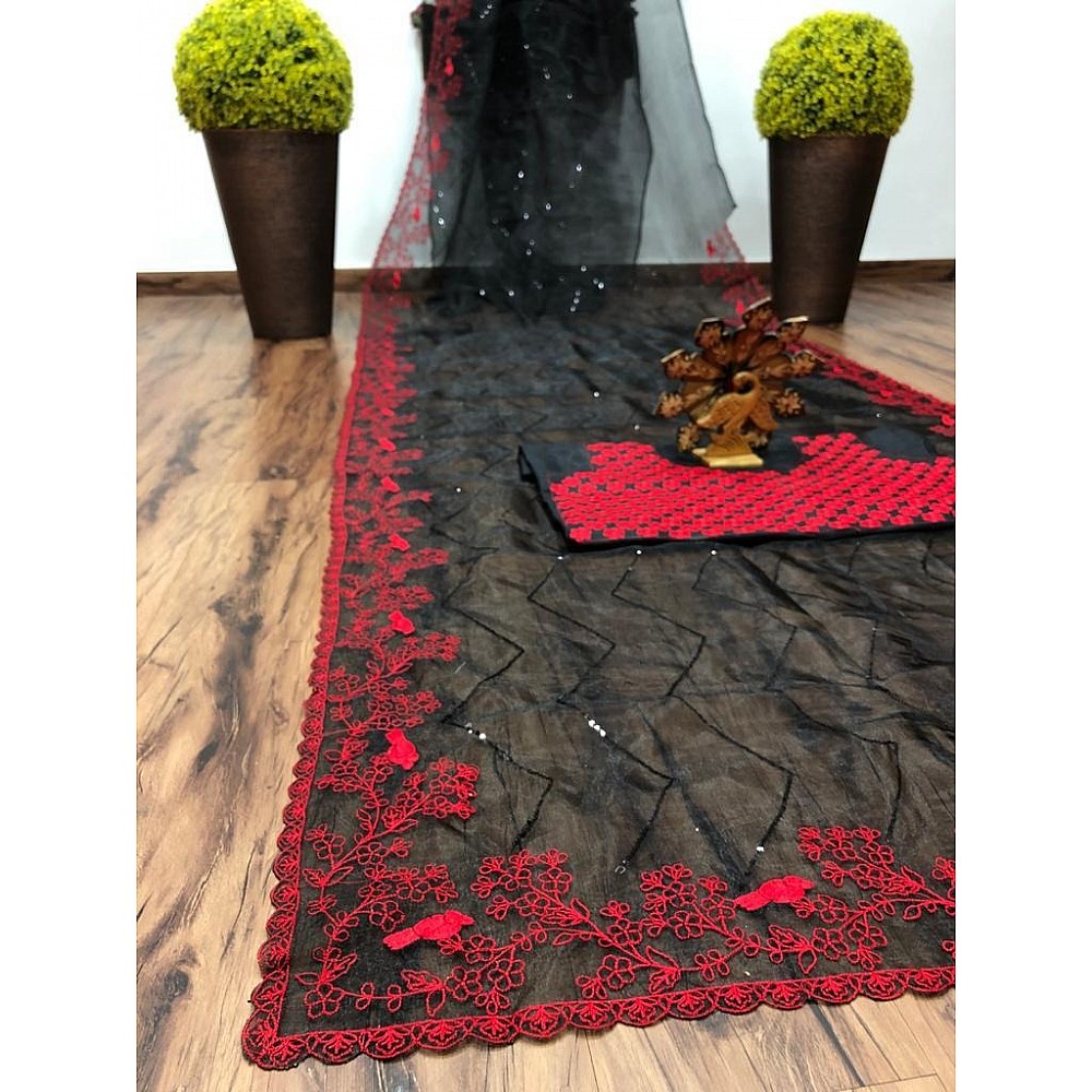 Black organza red thread and sequence embroidered partywear saree