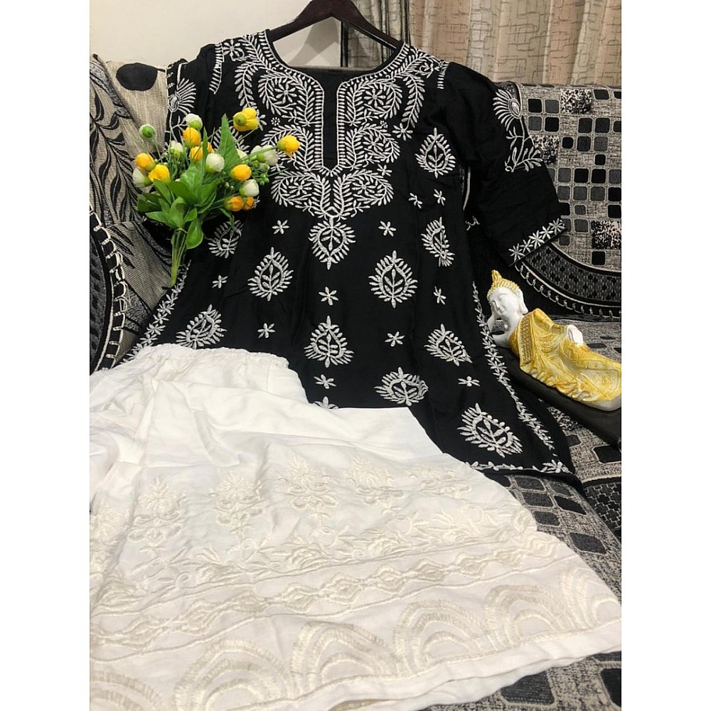 Black rayon embroidered plazzo suit